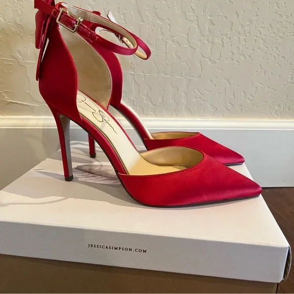 Jessica Simpson Red Satin Heels with Bow - Picture 2 of 12